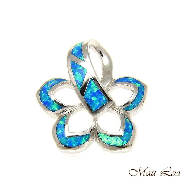 925 Sterling Silver Rhodium Hawaiian Plumeria Flower Blue Opal Slider Pendant