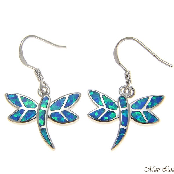 925 Sterling Silver Rhodium Hawaiian Dragonfly Blue Opal Hook Wire Earrings