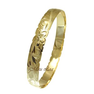 925 Sterling Silver Yellow Gold Plated Hawaiian Scroll Plumeria 10mm Bangle Size 7-9