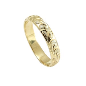 14K YELLOW GOLD HAND ENGRAVED HAWAIIAN PLUMERIA SCROLL ENAMEL BAND RING 4MM