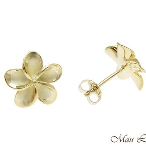 925 Silver Yellow Gold Hawaiian Plumeria Flower No CZ Stone Post Stud Earrings