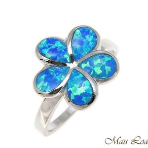 925 Sterling Silver Rhodium Hawaiian Plumeria Flower Blue Opal Ring Size 5-10