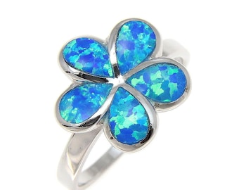 925 Sterling Silver Rhodium Hawaiian Plumeria Flower Blue Opal Ring Size 5-10