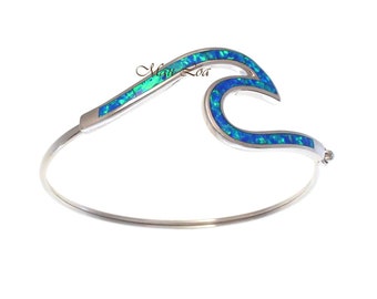 925 Sterling Silver Inlay Blue Opal Hawaiian Ocean Wave Bangle 7"