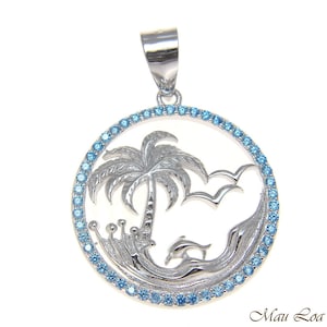 925 Silver Genuine Blue Topaz Hawaiian Palm Tree Dolphin Wave Pendant