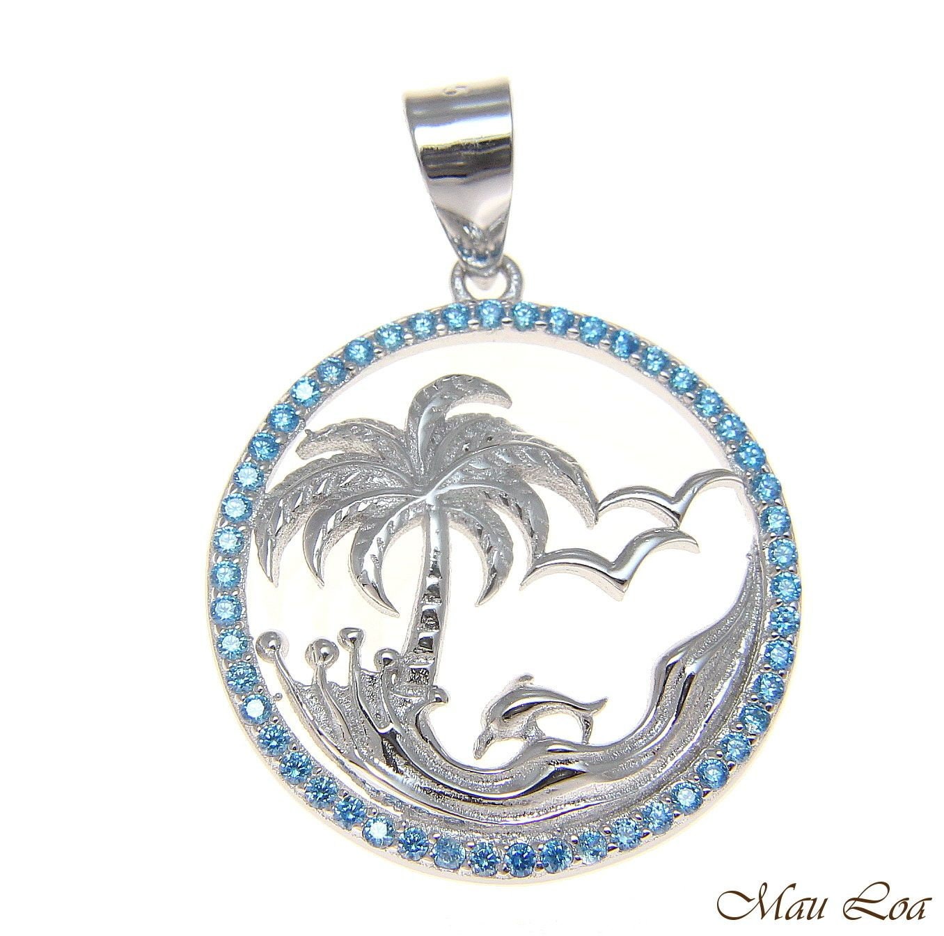925 Silver Genuine Blue Topaz Hawaiian Palm Tree Dolphin