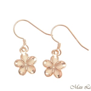 925 Silver Pink Gold Hawaiian Plumeria Flower No CZ Stone Wire Hook Earrings