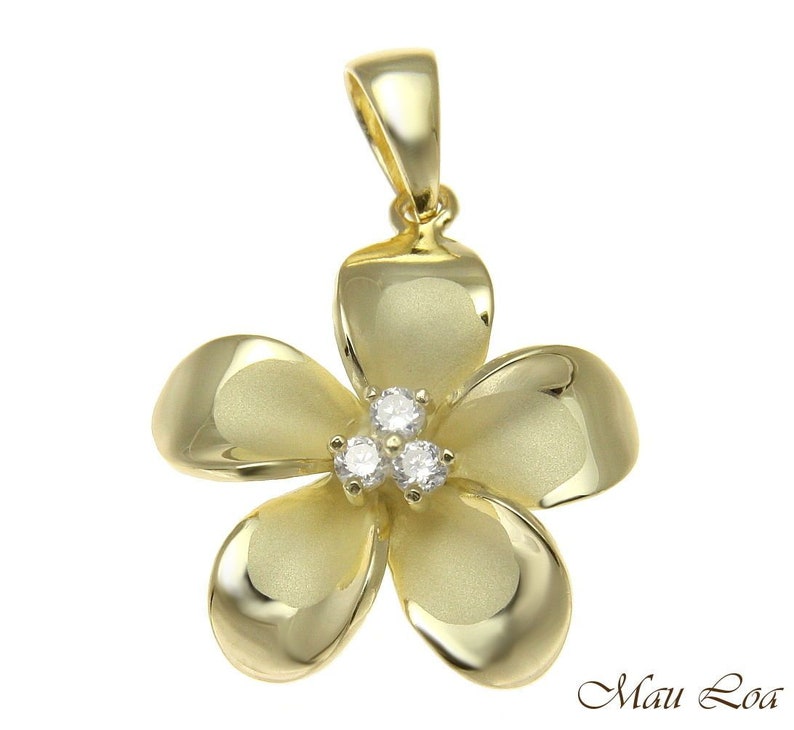 YELLOW GOLD STERLING SILVER 925 HAWAIIAN FANCY PLUMERIA FLOWER CROSS PENDANT CZ YELLOW GOLD STERLING SILVER 925 HAWAIIAN FANCY PLUMERIA FLOWER CROSS PENDANT CZ