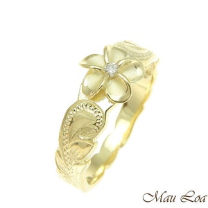 925 Sterling Silver Hawaiian Scroll Yellow Gold CZ Plumeria Flower Ring #1-10