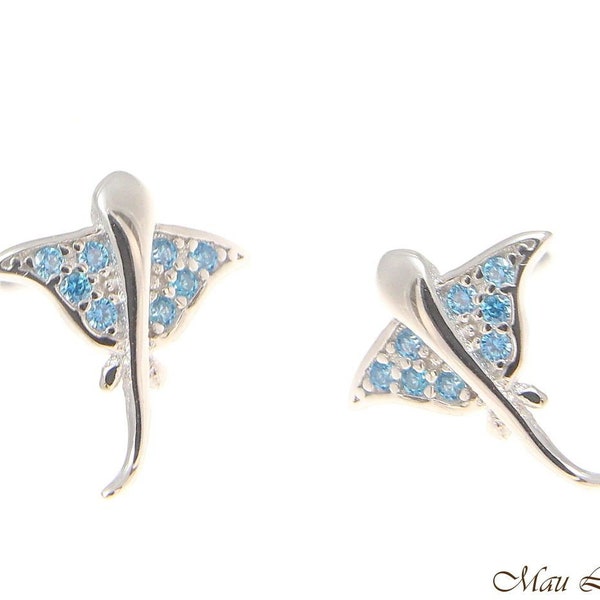 925 Sterling Silver Blue TopazK Small Hawaiian Stingray Post Stud Earrings