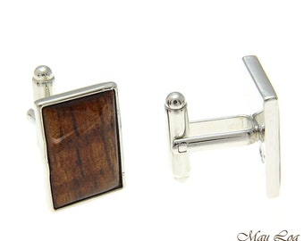 Koa Wood Hawaiian Rhodium Silver Plated Brass 14x20mm Rectangle Shape Cufflink