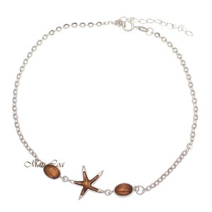 925 Sterling Silver Starfish Hawaiian Genuine Koa Wood Link Chain Anklet 9&quot;+