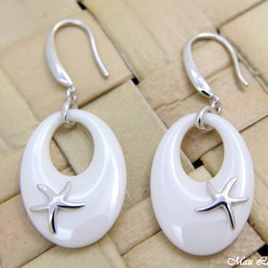 925 Silver Rhodium Hawaiian Starfish Sea Star White Ceramic Oval Hook Earrings