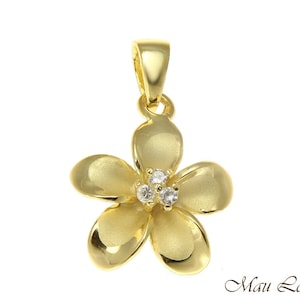 925 Sterling Silver Yellow Gold Hawaiian Plumeria Flower 3 CZ Pendant 12-30mm