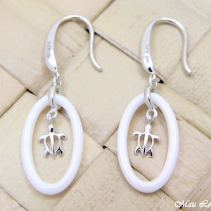 925 Silver Rhodium Hawaiian Honu Sea Turtle White Ceramic Oval Hook Earrings