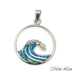 925 Sterling Argento Rodio Hawaiano 20mm Ocean Wave Blue Opal Pendant Charm