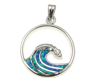 925 Sterling Silver Rhodium Hawaiian 20mm Ocean Wave Blue Opal Pendant Charm