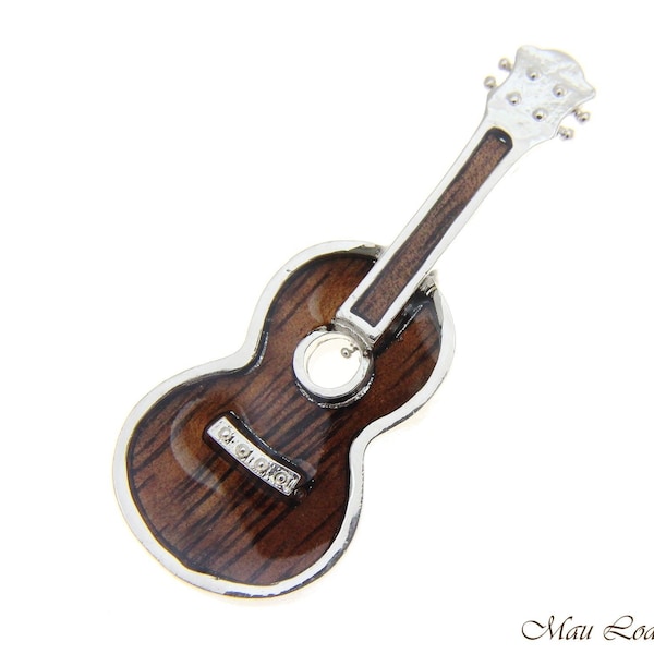 Koa Wood Hawaiian Ukulele Guitar Rhodium Silver Plated Brass Silde Pendant