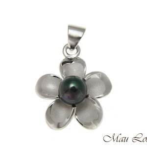 925 Silver Hawaiian Plumeria Flower Fresh Water Pearl Rhodium Pendant 12-32mm