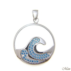 925 Sterling Silver Genuine Blue Topaz Hawaiian 24mm Ocean Wave Pendant