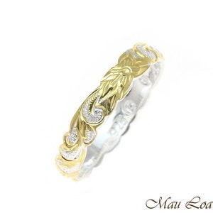 925 Silver 4mm 2Tone Yellow Gold Hawaiian Scroll Hand Engraved Cut Out Ring Band