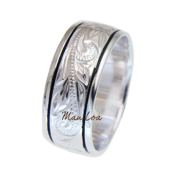 925 sterling silver Hawaiian black border plumeria scroll 6mm 8mm 10mm or 15mm ring size 4-14