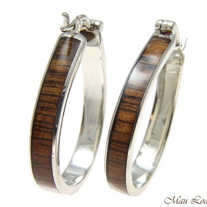 Koa Wood Hawaiian Rhodium Plated Brass 25x33mm Oval Hoop Snap Closure Earrings