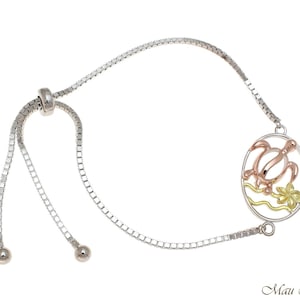 Silver 925 Tricolor Hawaiian Honu Turtle Plumeria Sliding Adjustable Bracelet