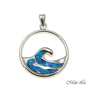 925 Sterling Silver Rhodium Hawaiian 23mm Ocean Wave Blue Opal Pendant Charm