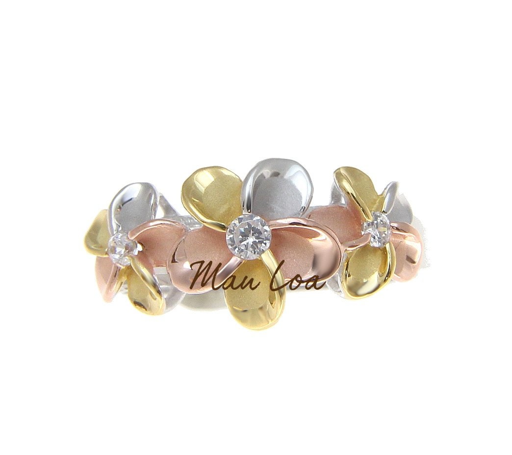 Anillo De Plata Esterlina 925 Chapado En Oro Amarillo, Diseño De Flor De Plumeria Hawaiana Cortada - Tallas Del 2 Al 12