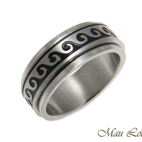 Stainless Steel Spinner Ring Band 8mm Black Enamel Hawaiian Ocean Wave Size6-14