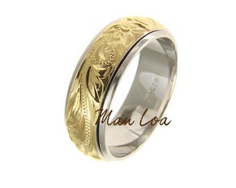 925 Sterling silver Hawaiian plumeria scroll yellow gold plated 2 tone spin ring
