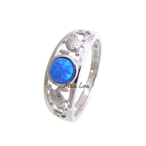 925 Sterling Silver Rhodium Hawaiian Honu Turtle Blue Opal Ring Size 5-10