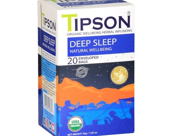 Tipson Deep Sleep Bezkofeinowa herbata ziołowa z najlepszymi naturalnymi składnikami: rumiankiem, trawą cytrynową, bazylią, ashwagandhą i gałką muszkatołową