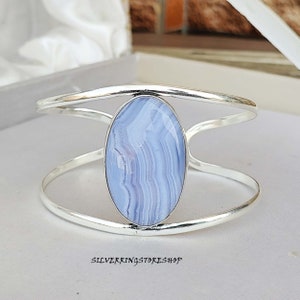 Blue Lace Agate Bangle, Adjustable Bangle, 925 Sterling Silver Bangle, Handmade Bangle, Women Bangle, Natural gemstone, Gift For Her,