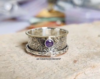 Amethyst stone Ring, Spinner Ring, 925 Sterling silver Ring,Fidget Ring,Band Ring, Dainty Ring, Gemstone Ring, Handmade Ring,  Gift For Her,