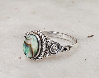 Bague Argent 925 – Pierre Précieuse Coquille D'ormeau – Fait Main Inde (taille 8)