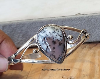 Bracelet Manchette En Argent 925 Avec Opale Dendrite - Bijou Réglable Fait Main - Neuf Sans Emballage
