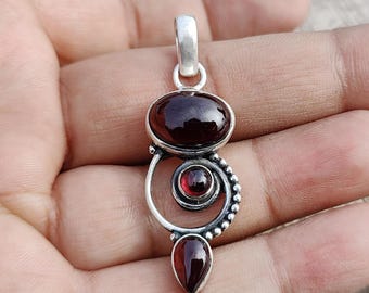 Handmade Garnet Pendant: Sterling Silver Boho Statement Jewelry
