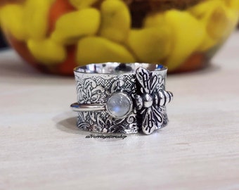Moonstone Bee Ring, 925 Spinner Ring, Handmade Ring, Women Ring, Meditation Ring, Boho Ring, Designer Ring, Bee Jewellary, Beautiful Gifts,