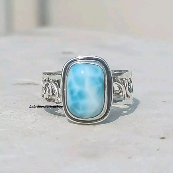 Bague en larimar, bague en argent 925, bague en larimar naturel, bague pour femme, bague anti-inquiétude, bague agitée, bijoux en argent, jonc, bague bohème, cadeau pour elle,