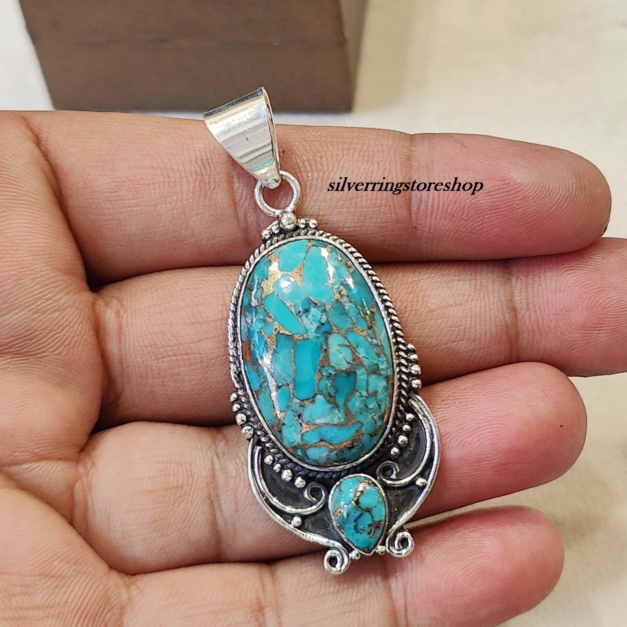 Blue Copper Turquoise 925 Sterling Silver Pendant: Boho Gemstone 