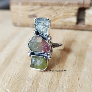 Anillo de aguamarina, anillo de piedra cruda, anillo de turmalina, anillo de piedras preciosas, plata de ley 925, anillo de peridoto Rwa, joyería hecha a mano, anillo bohemio, regalos,