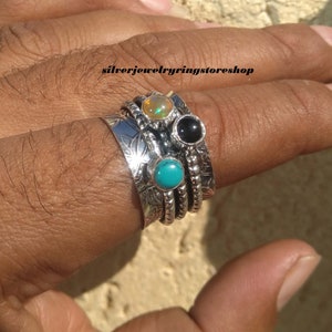Natural Opal Ring, Spinner Ring, Gemstone Ring, Black Onyx Ring, Women Ring, Handmade Ring, Turquoise Ring, Fidget Ring, Gift For Her, Band