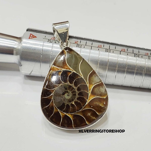 Natural Ammonite Fossil, 925 Sterling Silver, Handmade Jewelry, Gemstone Pendant, Rought Snail Pendant, Spiral, Nautilus,Sea Creature,Ocean,