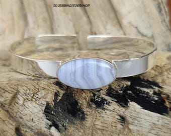 Handmade Blue Lace Agate Bangle: Sterling Silver Boho Jewelry