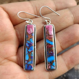Handmade Pink Copper Turquoise Earrings: 925 Sterling Silver Boho Jewelry