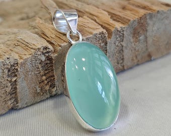 Aqua Chalcedony 925 Sterling Silver Pendant - Boho Statement Jewelry