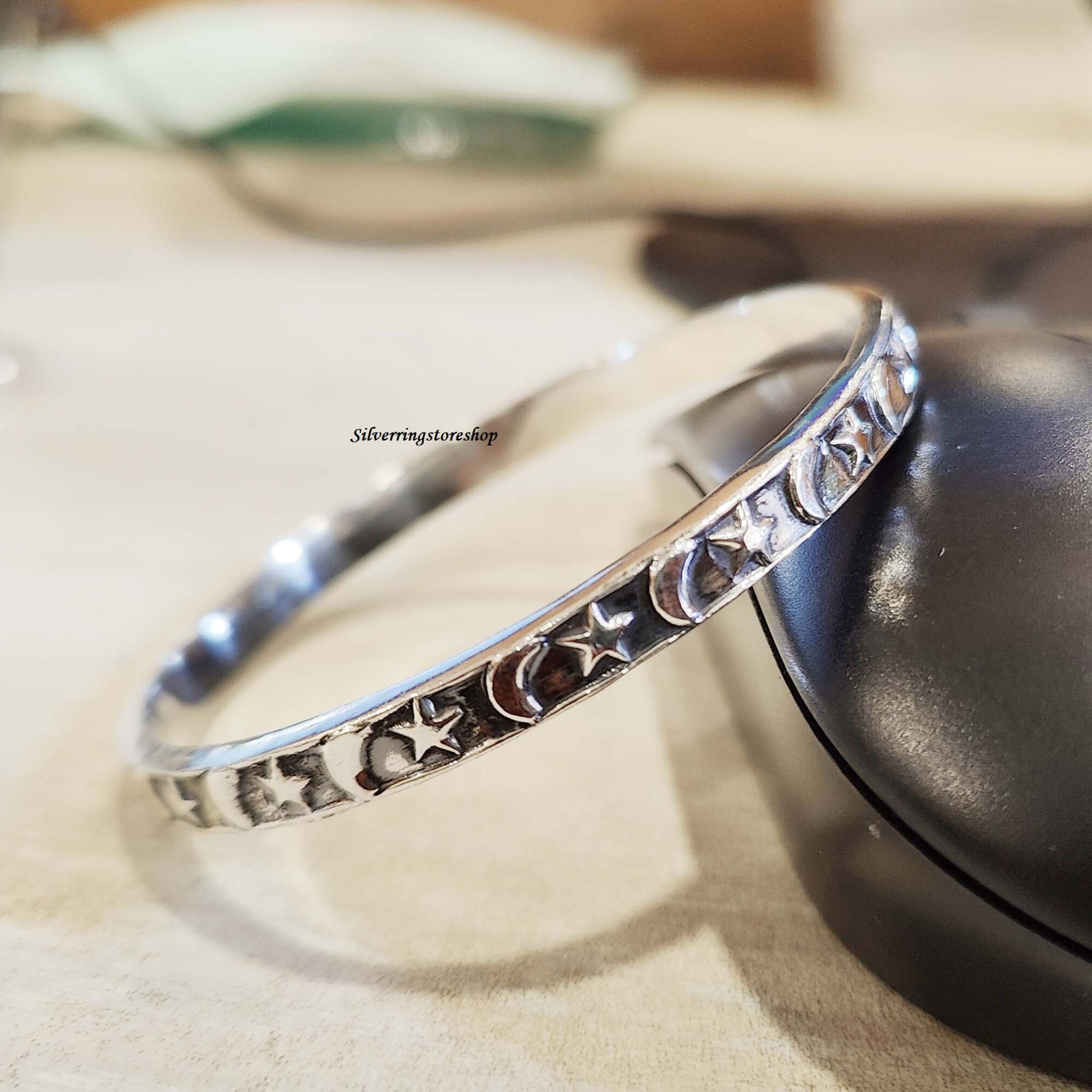 925 Silver Bangle, Handmade Bangle, Star & Moon Bangle