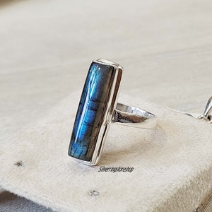 Labradorite Ring, Statement Ring, Long Stone Ring, Blue Stone Ring, 925 Sterling Silver, Gemstone Ring, Handmade Ring, Boho Ring, Women Ring